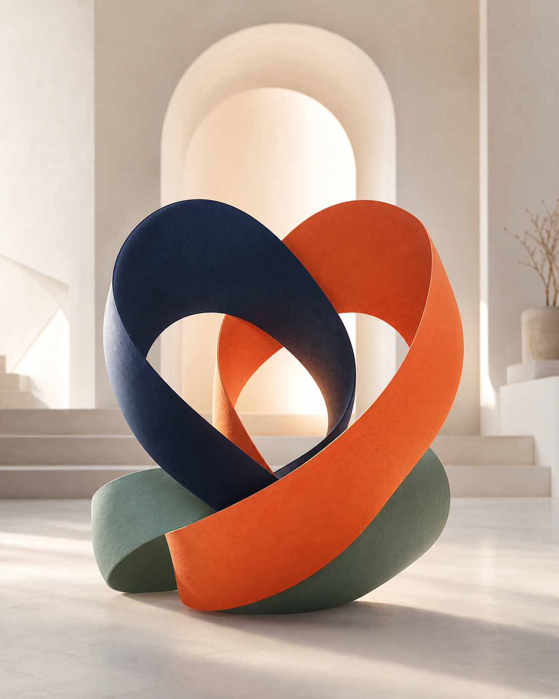 Cintas azul, coral y salvia entrelazadas como un corazón protector
